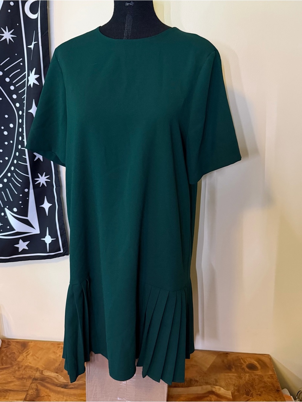 Zara Women Sz L Green T-Shirt Dress Short Sleeve Zip Pleated A Line Drop Waist